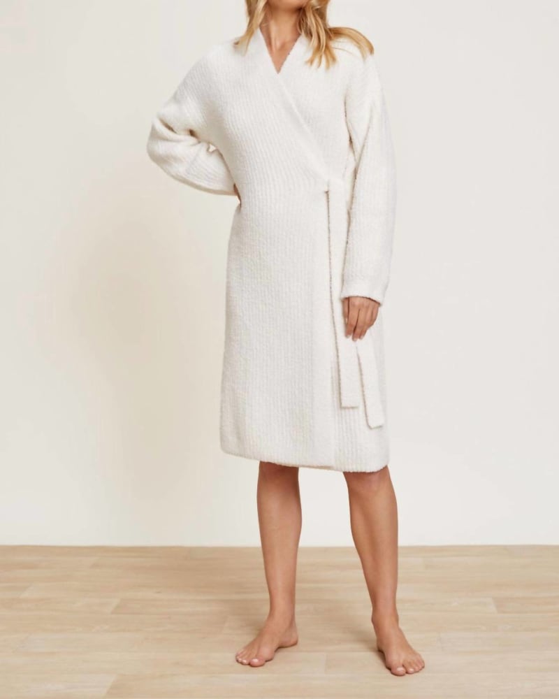 Front of a model wearing a size L Cozychic Side Tie Robe in Cream in Cream by BAREFOOT DREAMS. | dia_product_style_image_id:345334